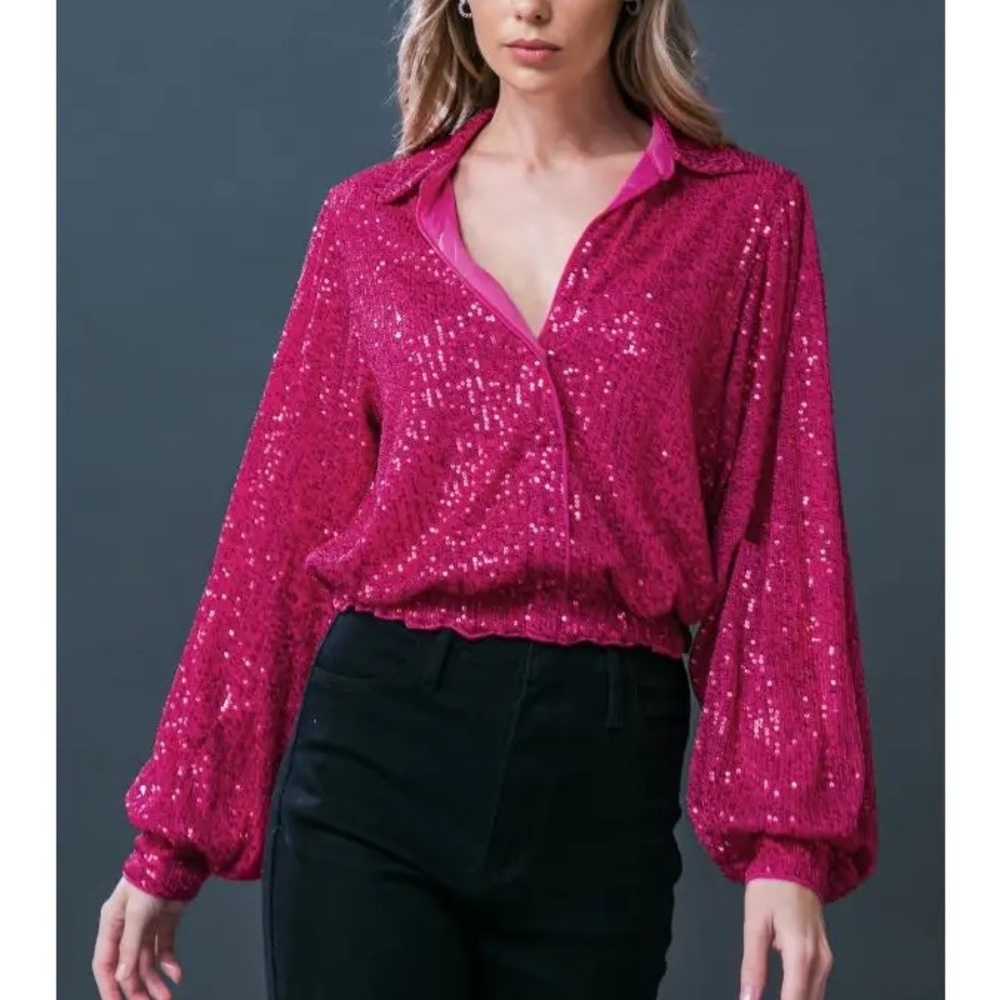 Hot Pink Sequin V-Neck Blouse